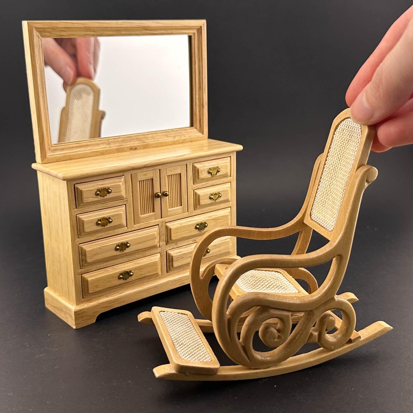 Miniature bedroom suite Economy Set 4pcs bed rocking chair dresser bedstand for 1:12 scale dollhouses miniature oak wood