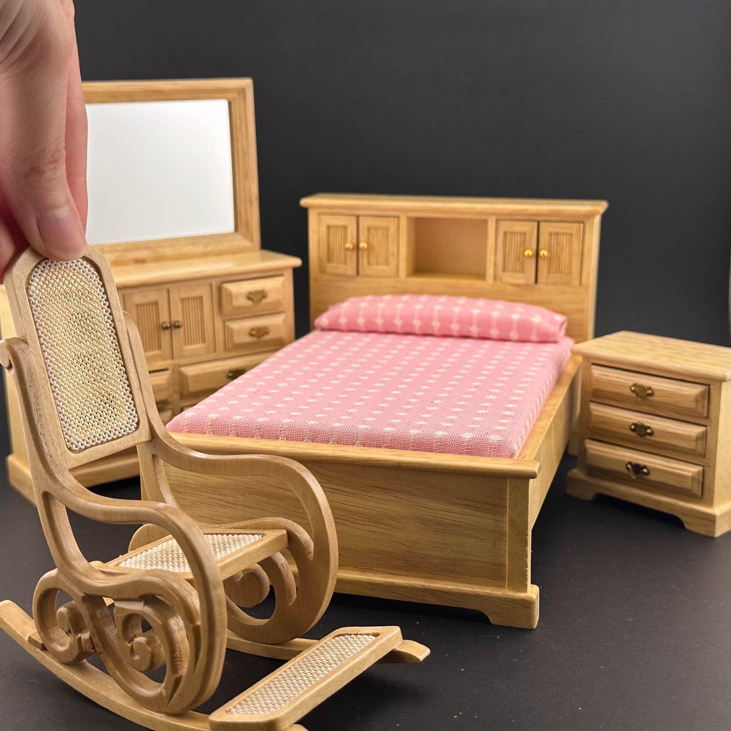 Miniature bedroom suite Economy Set 4pcs bed rocking chair dresser bedstand for 1:12 scale dollhouses miniature oak wood