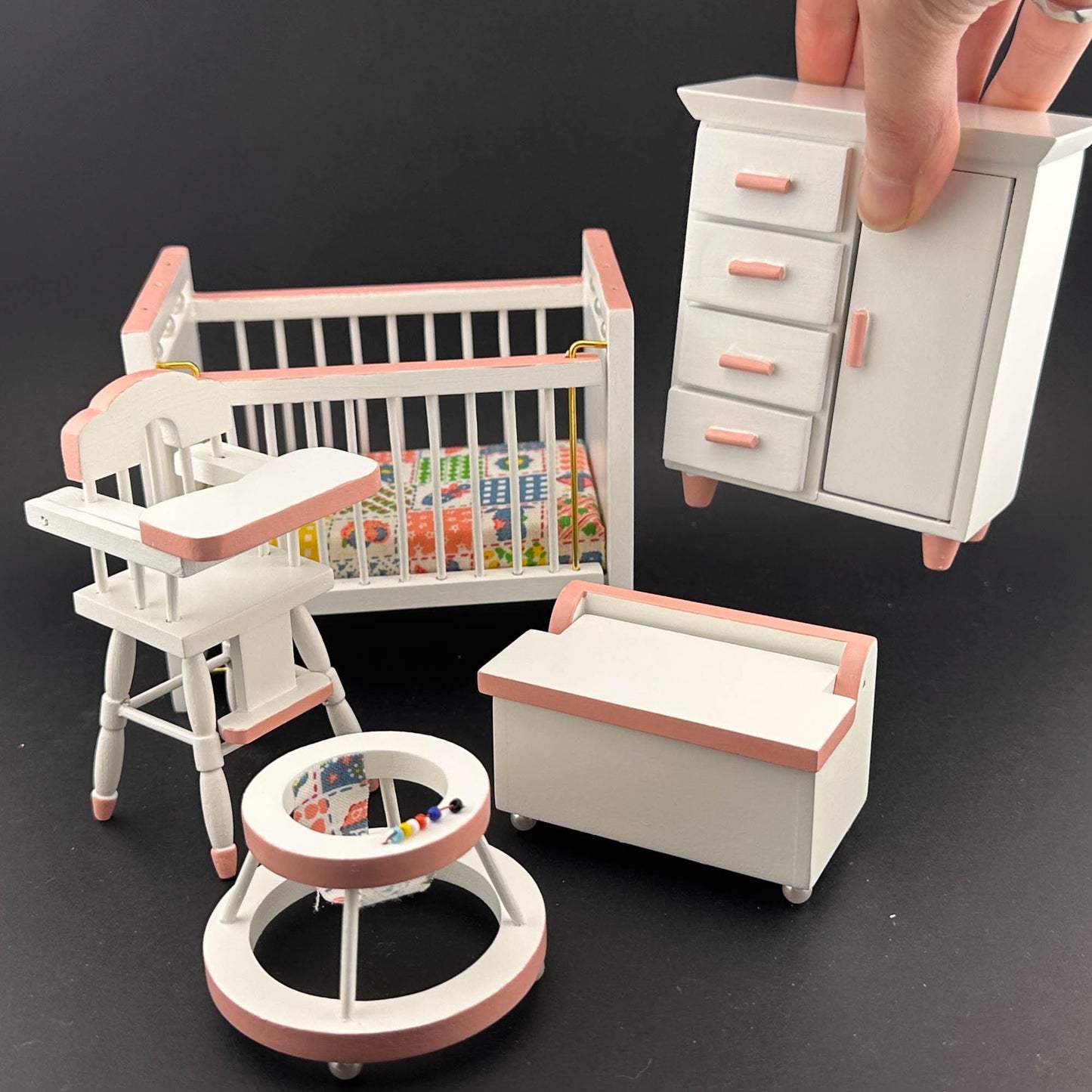 Nursery baby girl miniature Set 5pcs cradle highchair dresser pink classics decoration for 1:12 scale dollhouse economic