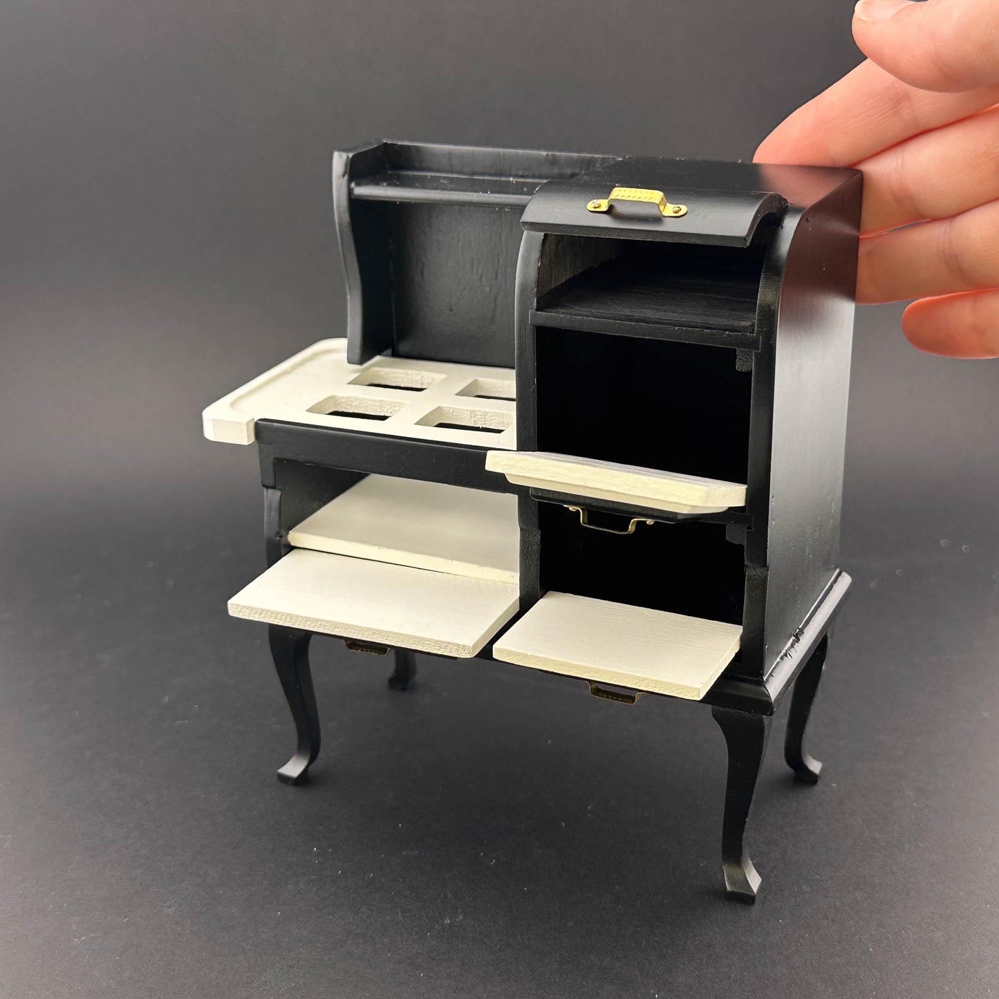 Vintage wooden gas stove range with ovens dollhouse miniature 1:12 scale