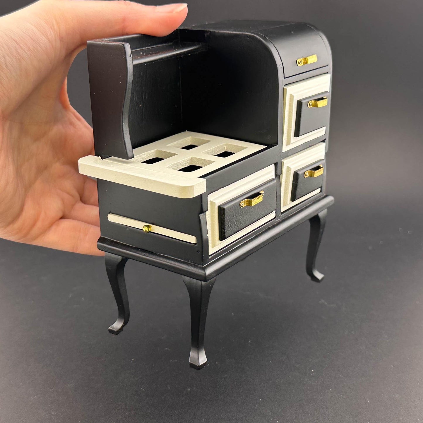 Vintage wooden gas stove range with ovens dollhouse miniature 1:12 scale