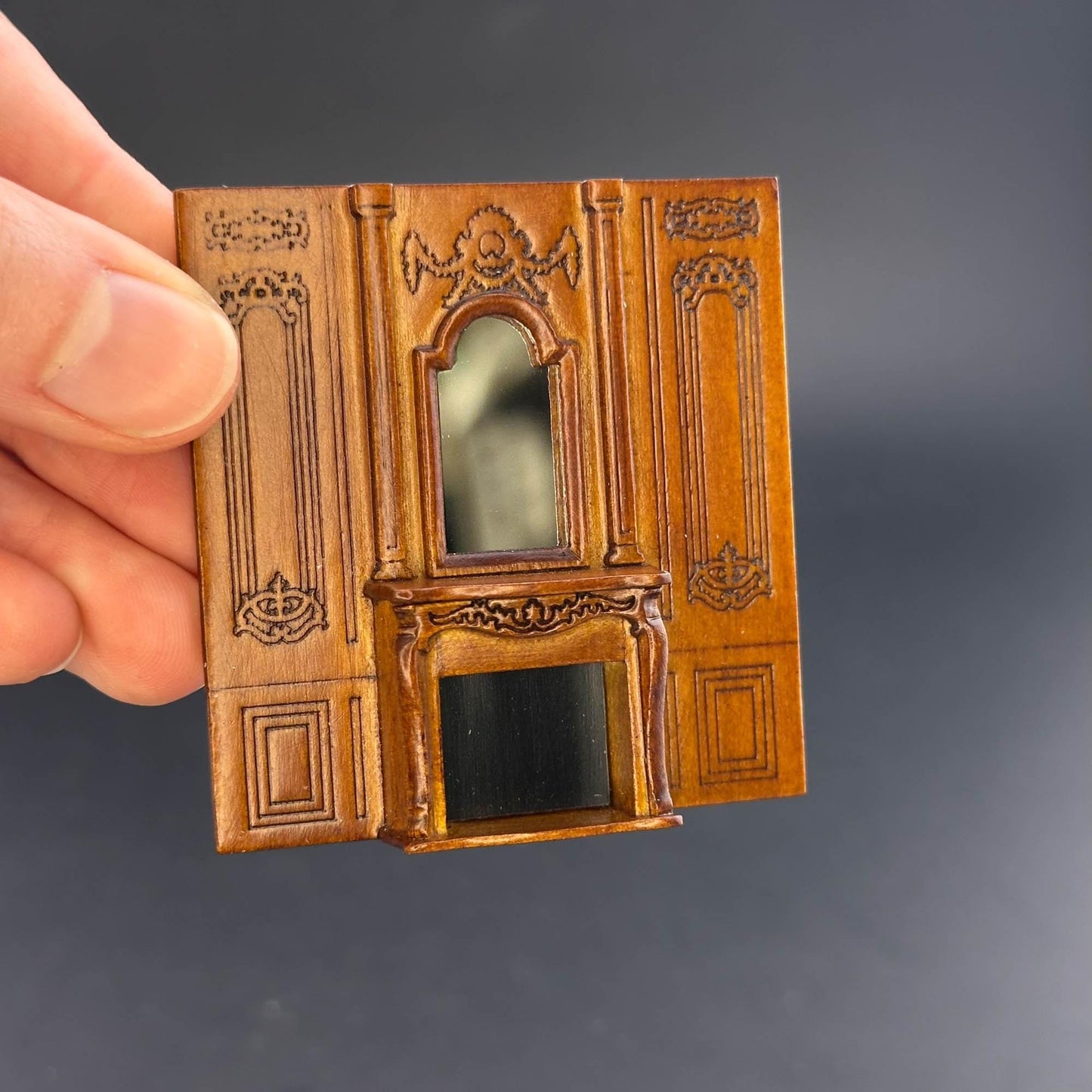 1:48 scale fireplace wall panel with mirror handcrafted wood  quarter scale  WALNUT wood 1/48 Top Quality dollhouse miniature