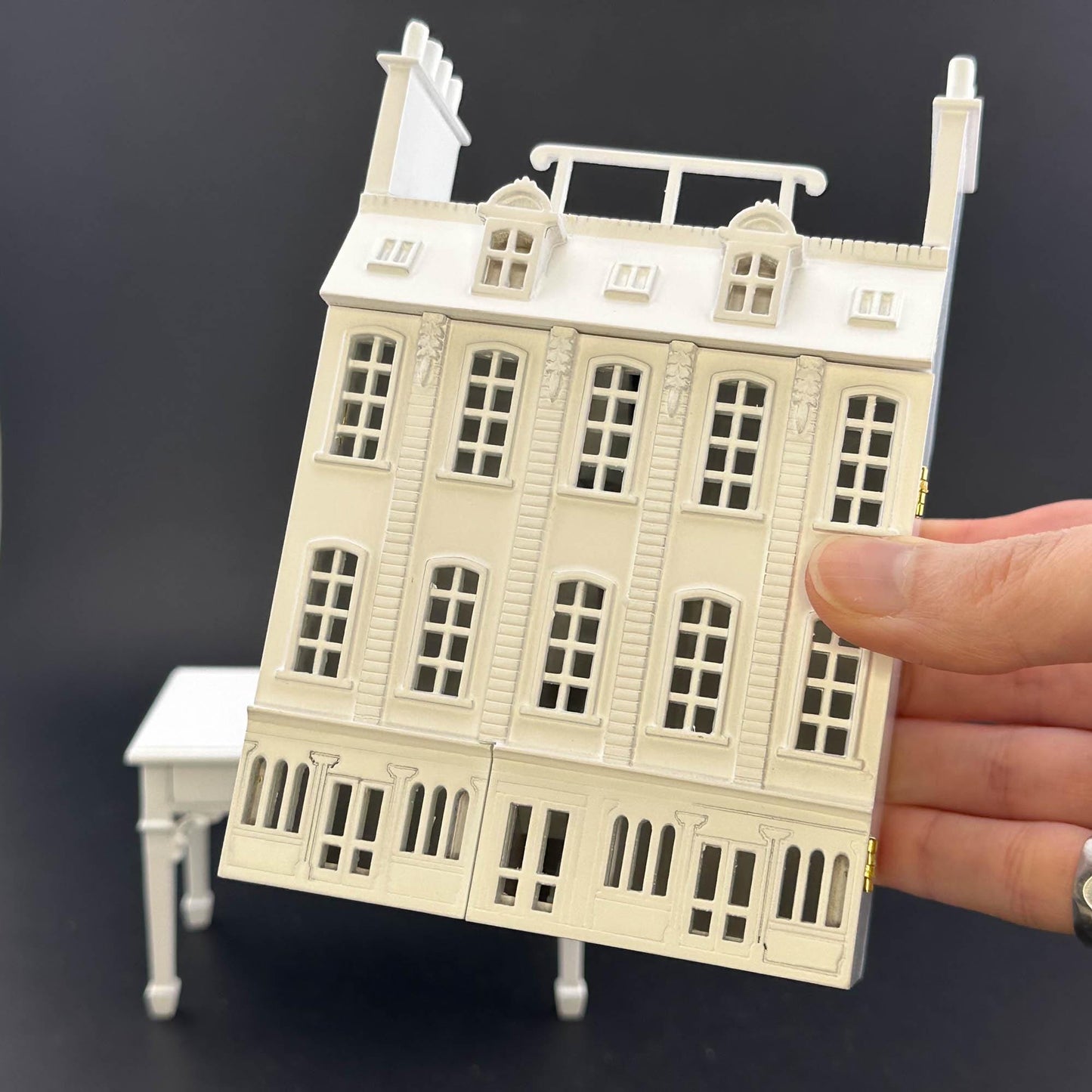 French Townhouse Dollhouse for 1:12 Dollhouse with Table WHITE 1/144 scale Top Quality front opening Four floors and shops stores staircases