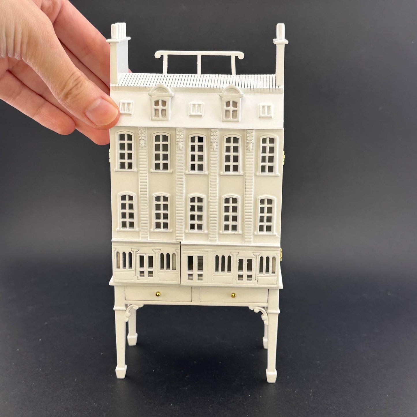 French Townhouse Dollhouse for 1:12 Dollhouse with Table WHITE 1/144 scale Top Quality front opening Four floors and shops stores staircases