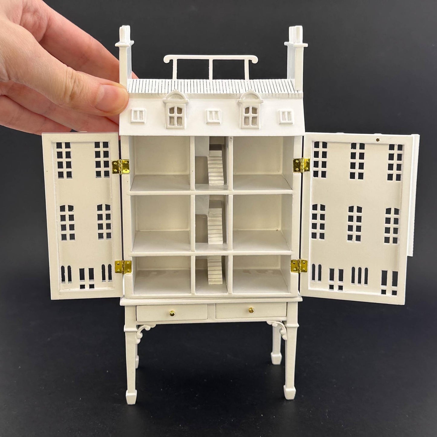 French Townhouse Dollhouse for 1:12 Dollhouse with Table WHITE 1/144 scale Top Quality front opening Four floors and shops stores staircases