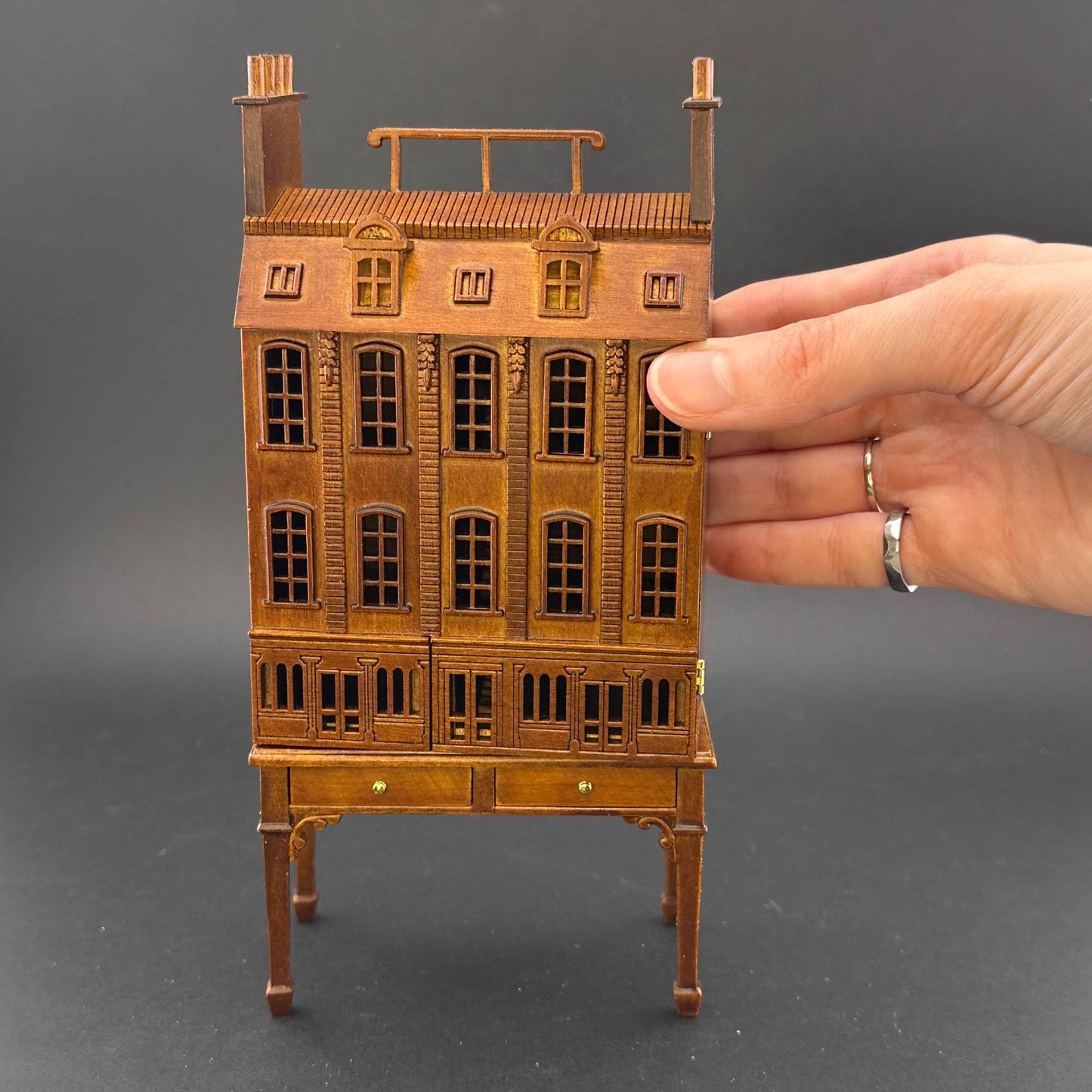 French Townhouse Dollhouse for 1:12 Dollhouse with Table WALNUT 1/144 scale Top Quality front opening 4-floors and shops stores staircases