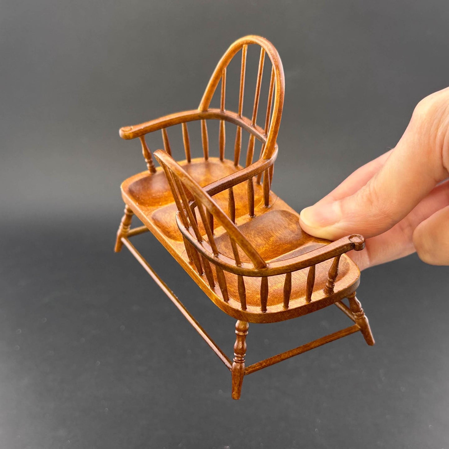 Miniature Love Seat Kissing Bench, Wooden High Back Double Spindle Windsor Style for 1:12 scale dollhouse Handcrafted