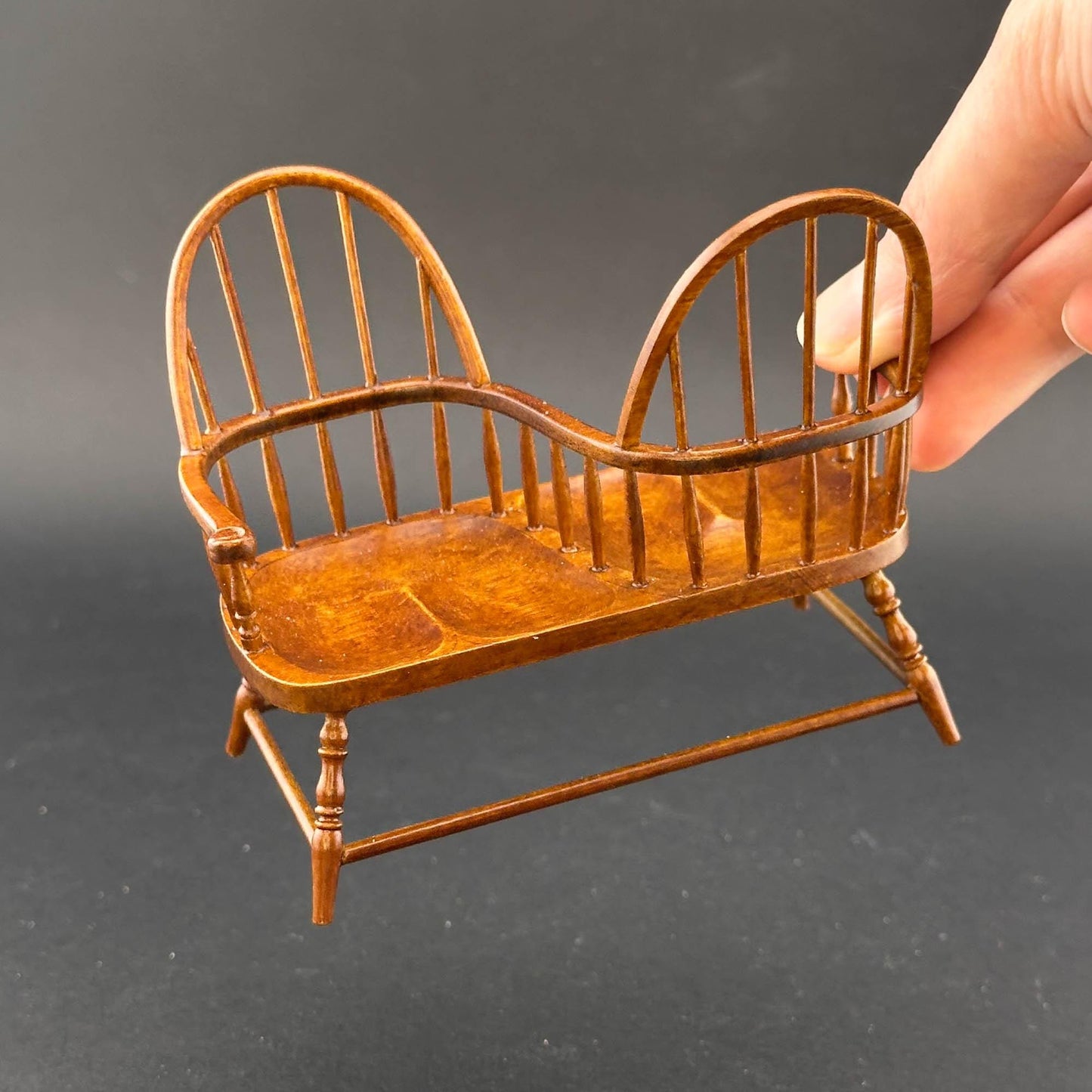 Miniature Love Seat Kissing Bench, Wooden High Back Double Spindle Windsor Style for 1:12 scale dollhouse Handcrafted