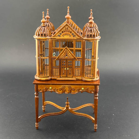 Miniature magnificent wooden Ornate Victorian bird cage with a table for a 1:12 dollhouse Large Walnut handcraftes