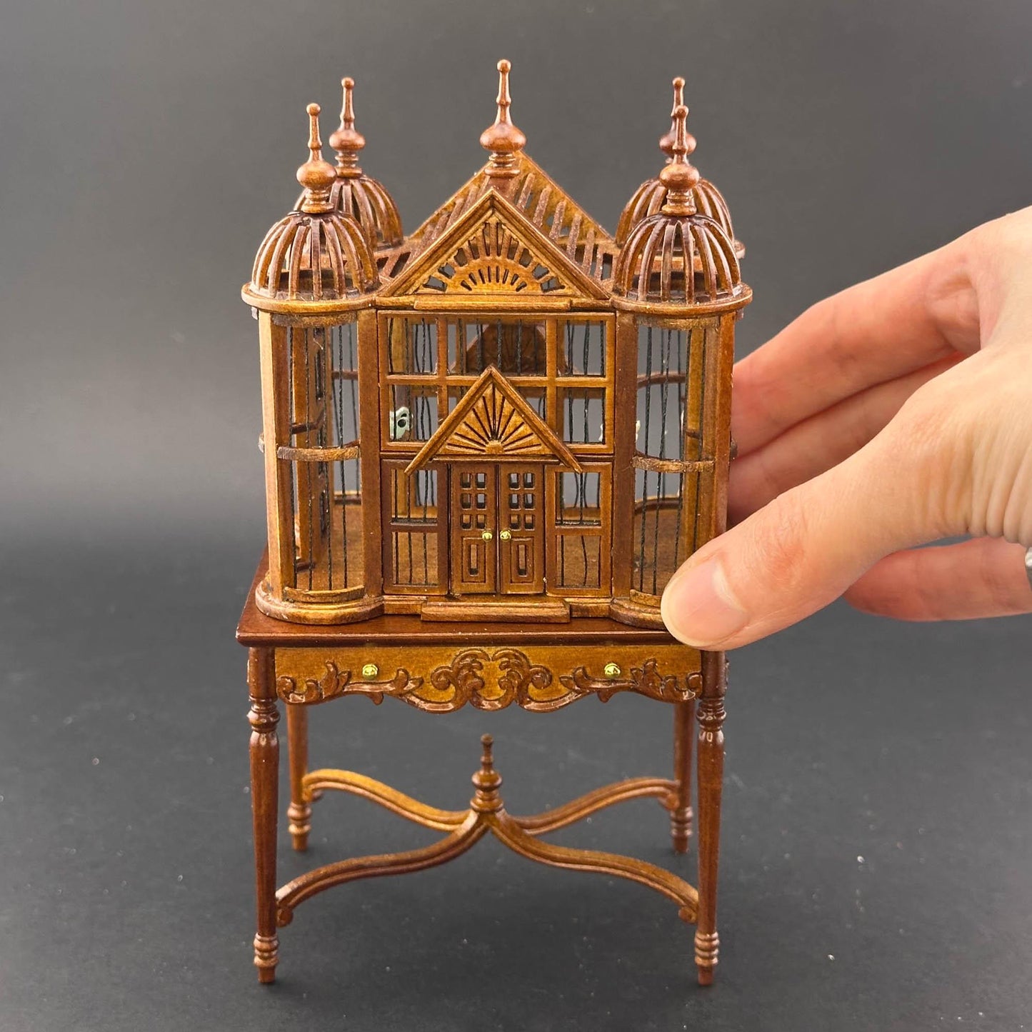 Miniature magnificent wooden Ornate Victorian bird cage with a table for a 1:12 dollhouse Large Walnut handcraftes