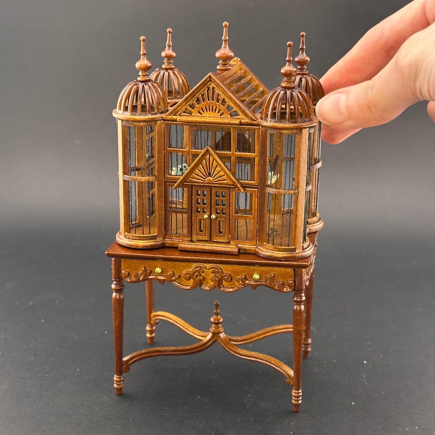 Miniature magnificent wooden Ornate Victorian bird cage with a table for a 1:12 dollhouse Large Walnut handcraftes