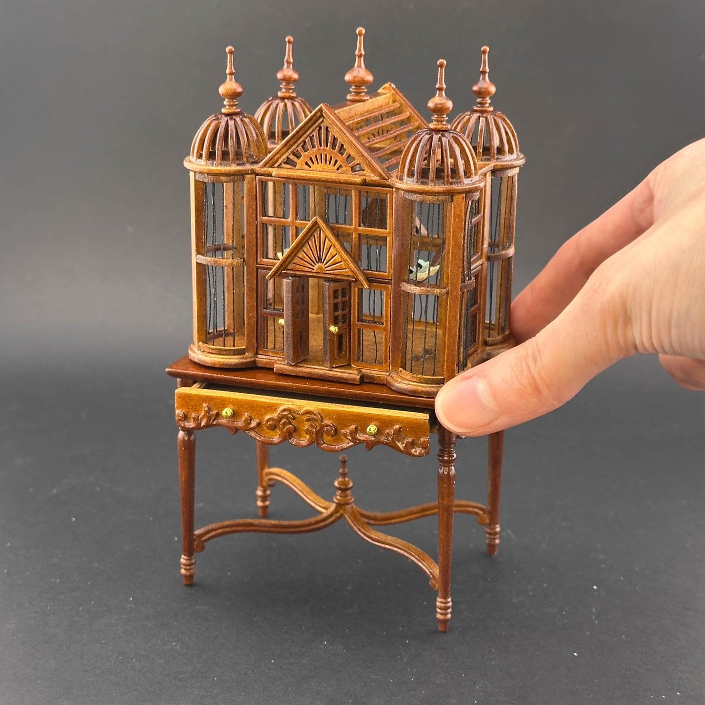 Miniature magnificent wooden Ornate Victorian bird cage with a table for a 1:12 dollhouse Large Walnut handcraftes