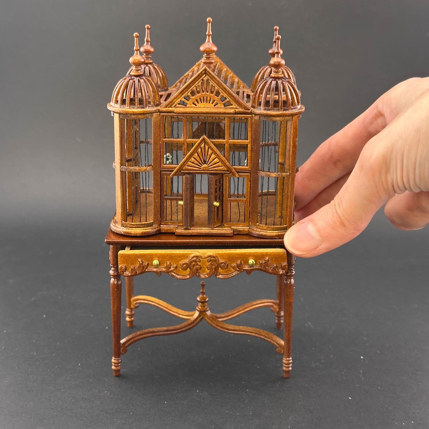 Miniature magnificent wooden Ornate Victorian bird cage with a table for a 1:12 dollhouse Large Walnut handcraftes