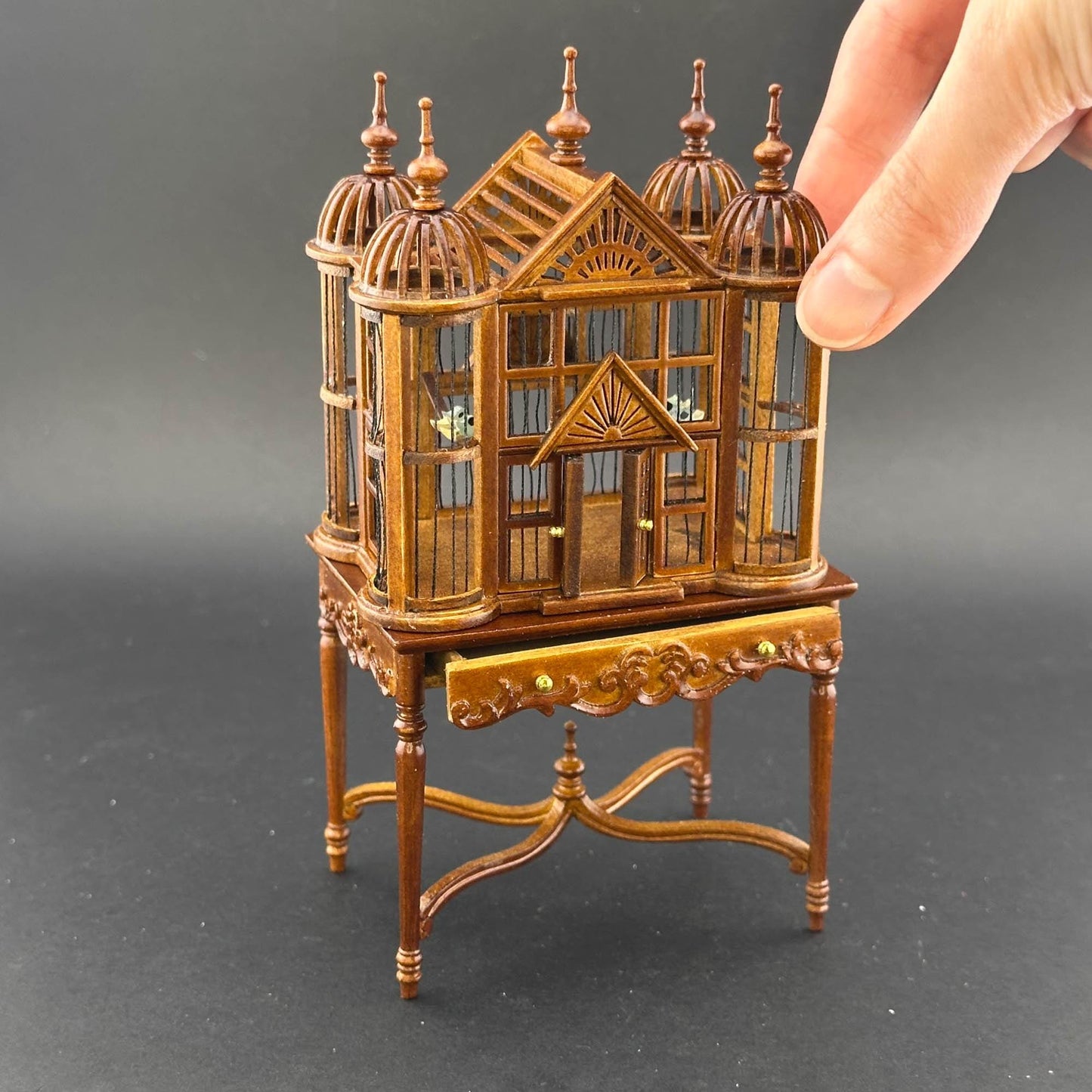 Miniature magnificent wooden Ornate Victorian bird cage with a table for a 1:12 dollhouse Large Walnut handcraftes