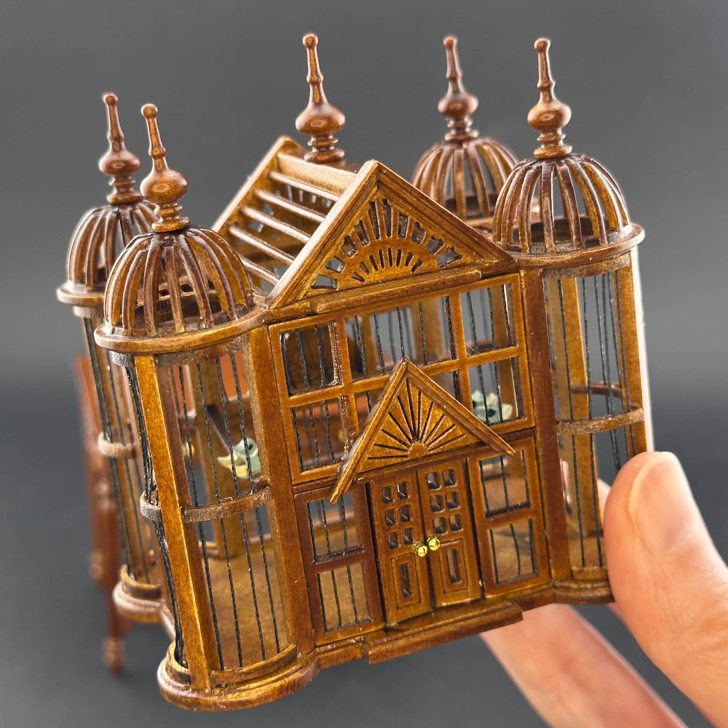 Miniature magnificent wooden Ornate Victorian bird cage with a table for a 1:12 dollhouse Large Walnut handcraftes