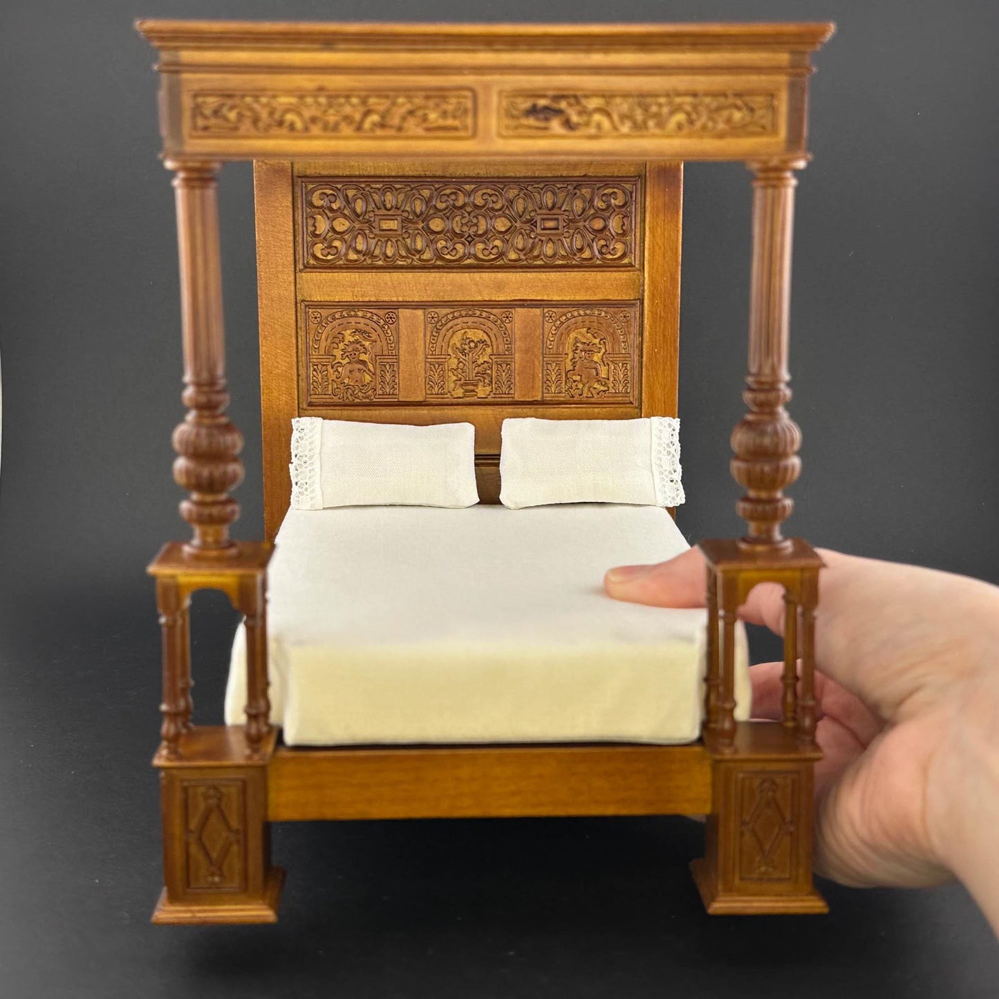 Canopy wooden late 16th century England walnut Four Poster Bed 1:12 scale dollhouse miniature handcrafted replica of the Great Bed of Ware