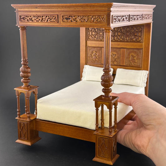 Canopy wooden late 16th century England walnut Four Poster Bed 1:12 scale dollhouse miniature handcrafted replica of the Great Bed of Ware