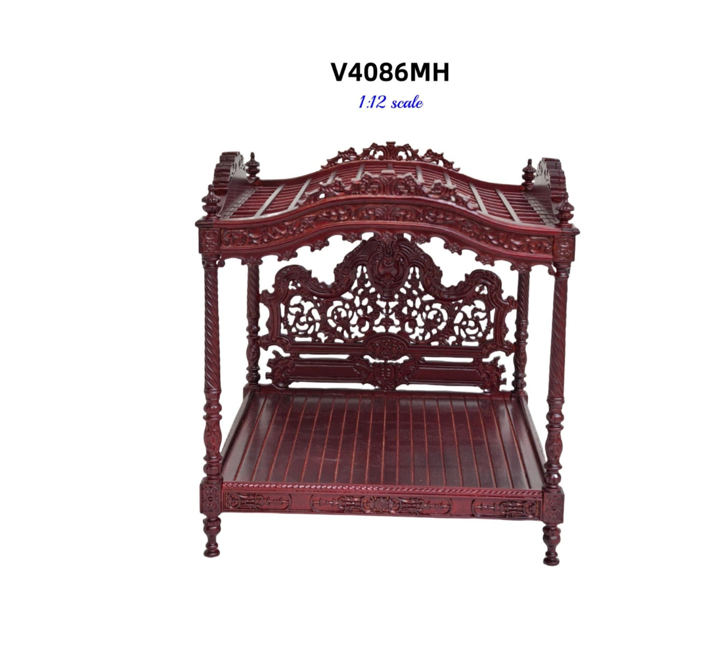 A Miniature Masterpiece king-size wooden Baroque Carved Mahogany Victorian Rococo Revival Canopy Bed Replica in  1:12 scale dollhouse