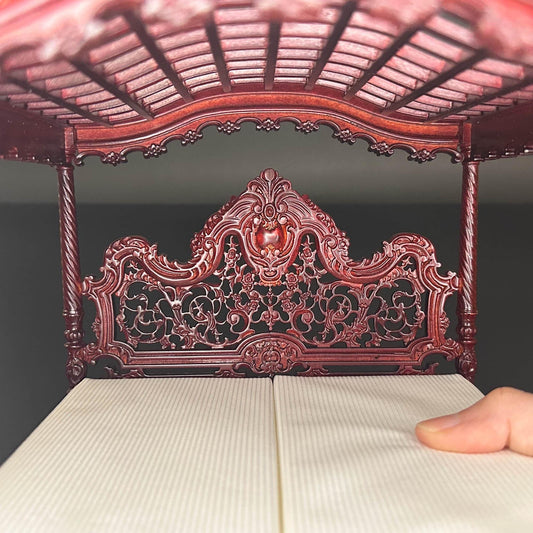 A Miniature Masterpiece king-size wooden Baroque Carved Mahogany Victorian Rococo Revival Canopy Bed Replica in  1:12 scale dollhouse