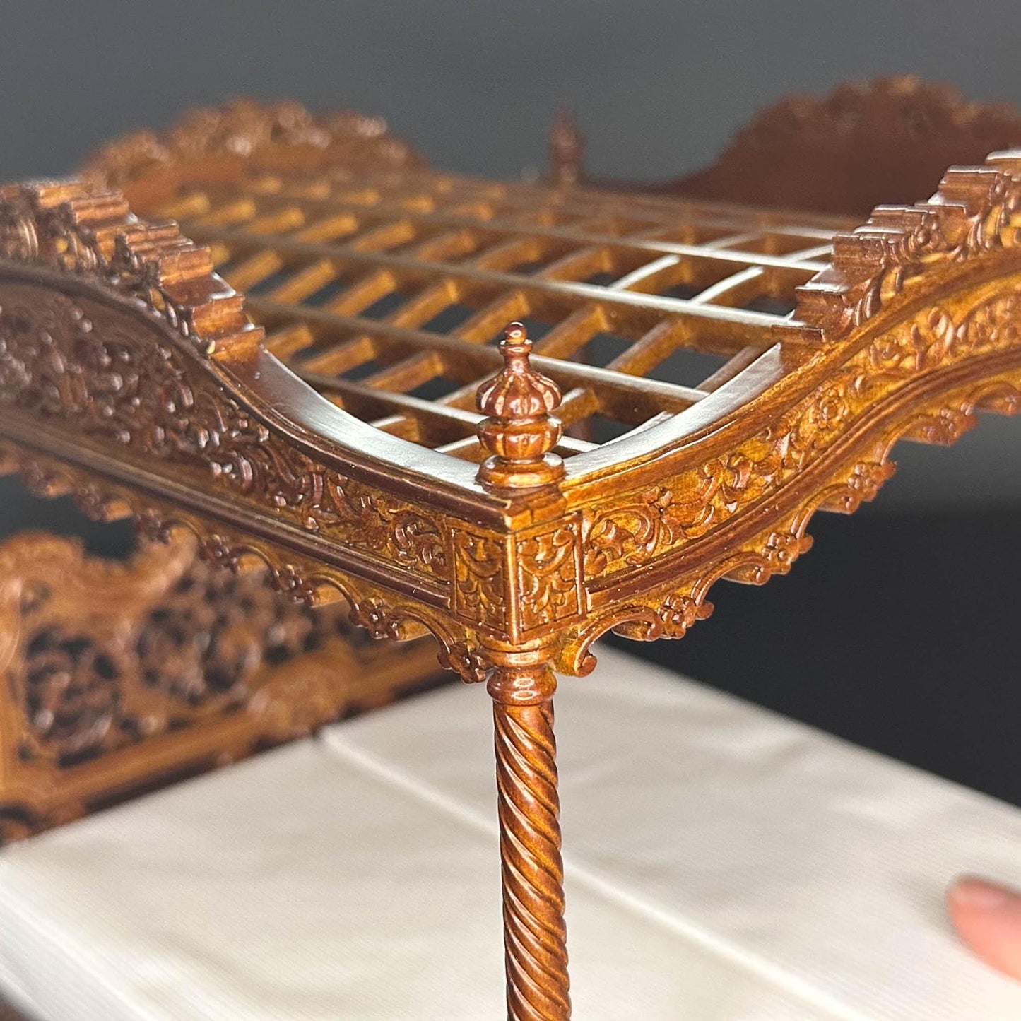 A Miniature Masterpiece king-size wooden Baroque Carved Walnut Victorian Rococo Revival Canopy Bed Replica in  1:12 scale dollhouse
