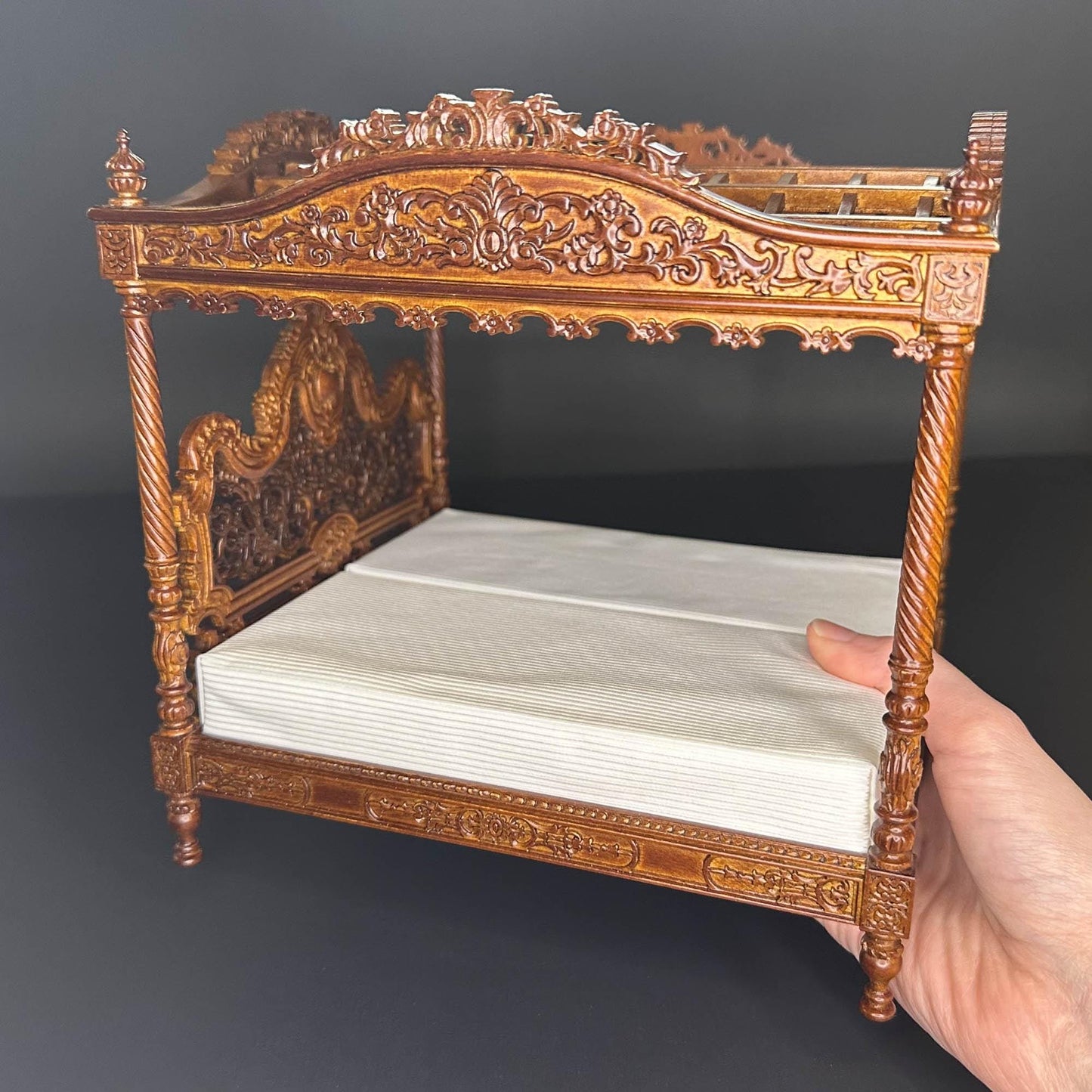 A Miniature Masterpiece king-size wooden Baroque Carved Walnut Victorian Rococo Revival Canopy Bed Replica in  1:12 scale dollhouse