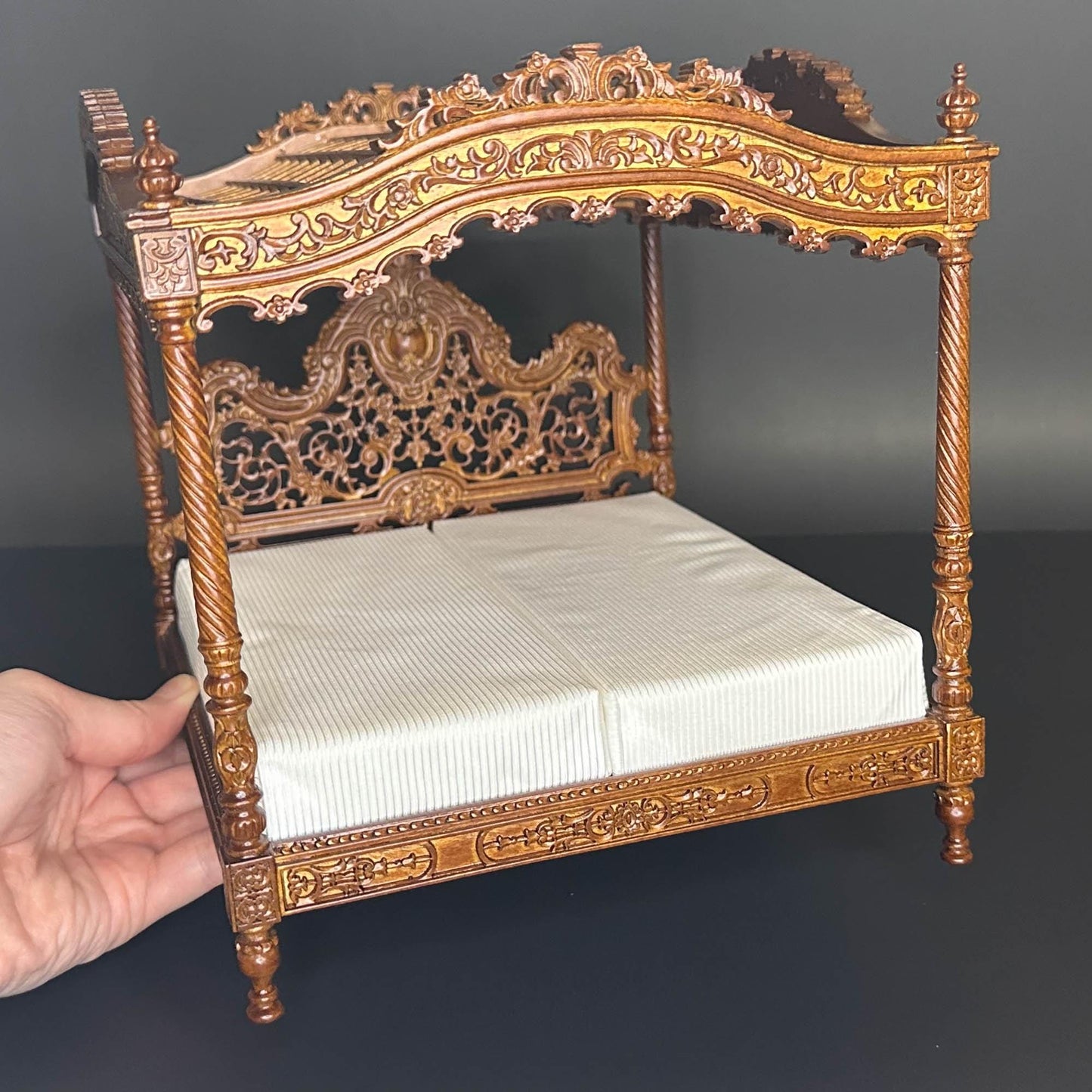 A Miniature Masterpiece king-size wooden Baroque Carved Walnut Victorian Rococo Revival Canopy Bed Replica in  1:12 scale dollhouse