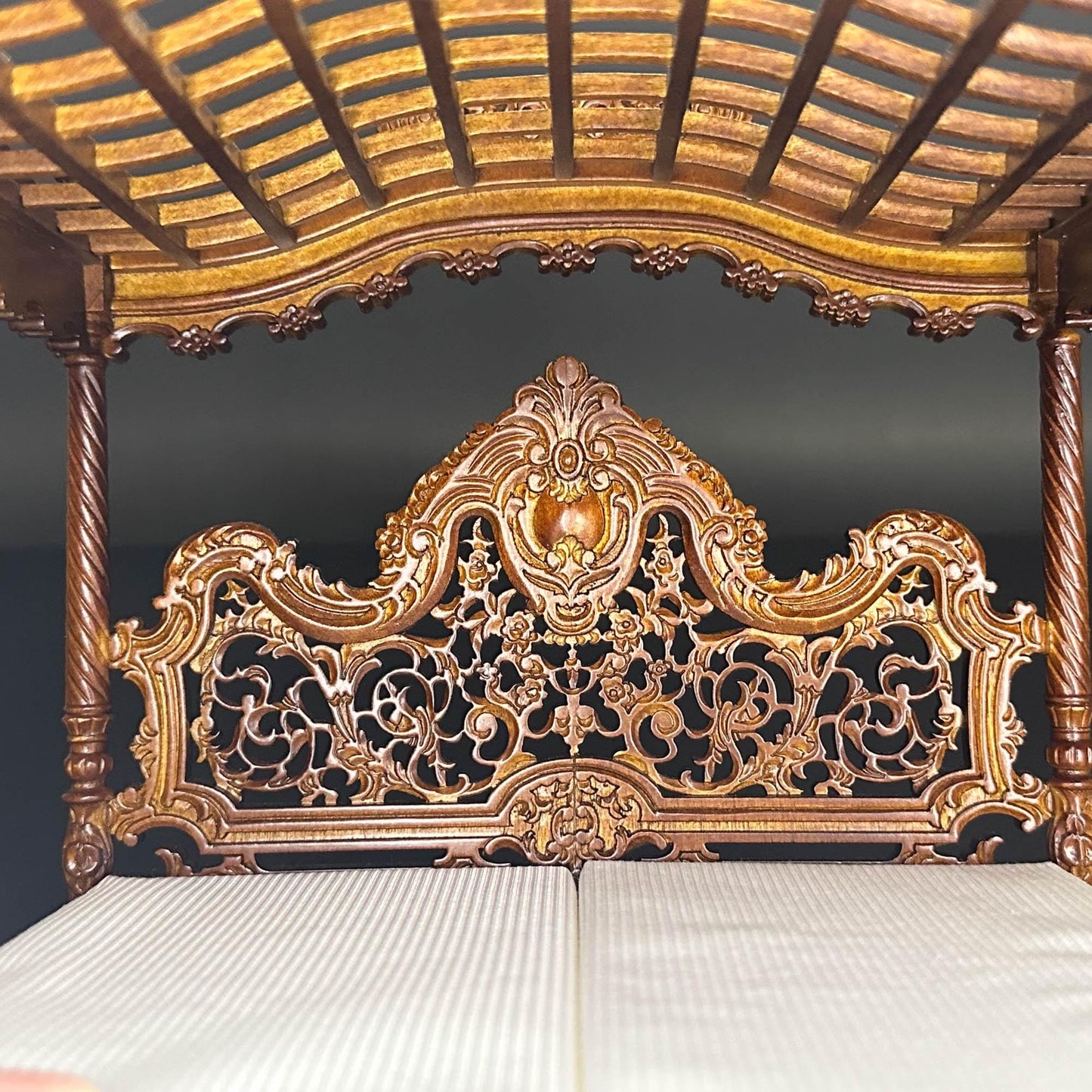 A Miniature Masterpiece king-size wooden Baroque Carved Walnut Victorian Rococo Revival Canopy Bed Replica in  1:12 scale dollhouse