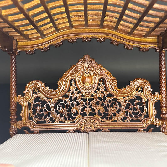 A Miniature Masterpiece king-size wooden Baroque Carved Walnut Victorian Rococo Revival Canopy Bed Replica in  1:12 scale dollhouse