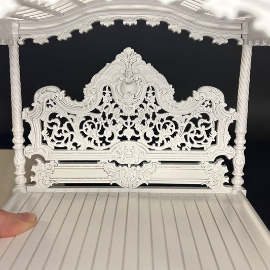 A Miniature Masterpiece king-size wooden Baroque Carved White Victorian Rococo Revival Canopy Bed Replica in  1:12 scale dollhouse