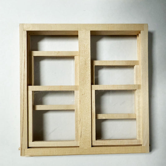 Fenêtre double miniature en bois brut avec pièces mobiles coulissantes pour maisons de poupées à l'échelle 1:12