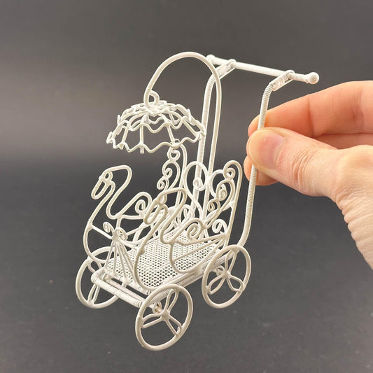 Miniature Victorian Baby Carriage with Parasol – 1:12 Scale White Wire Dollhouse Garden Accent