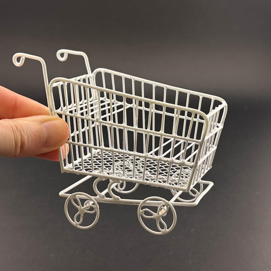Miniature Shopping Cart Stand – 1:12 Scale White Wire for Dollhouse Garden or Flower Shop