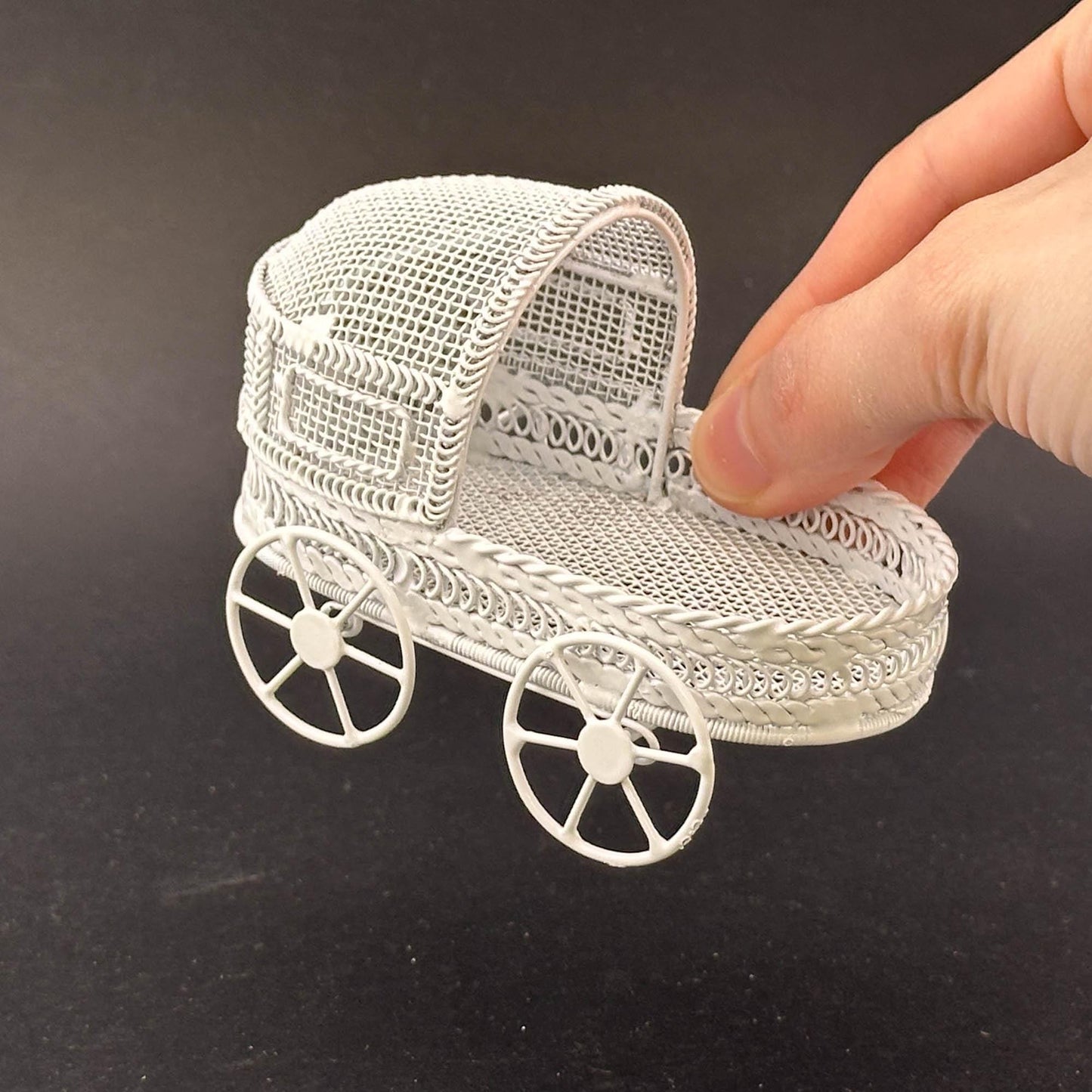 Miniature Victorian Flower Cart – 1:12 Scale White Wire, Elegant Plant Stand for Dollhouse Garden, Flower Shop, or Decorative Display
