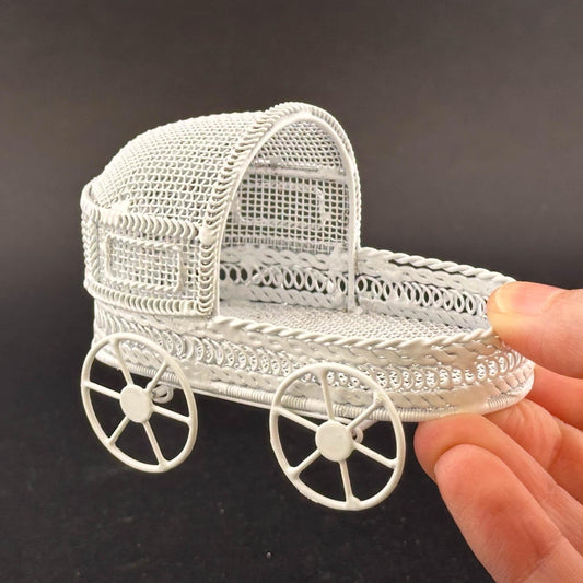 Miniature Victorian Flower Cart – 1:12 Scale White Wire, Elegant Plant Stand for Dollhouse Garden, Flower Shop, or Decorative Display