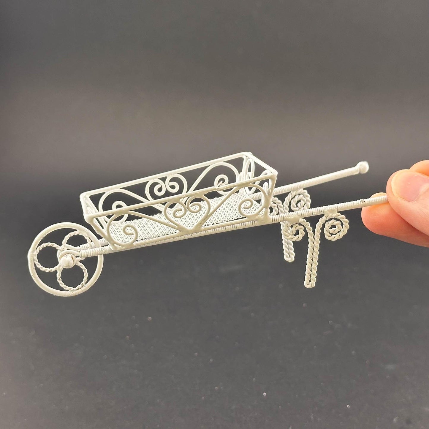 Elegant Miniature Victorian Wheelbarrow – 1:12 Scale White Wire for Dollhouse Gardens