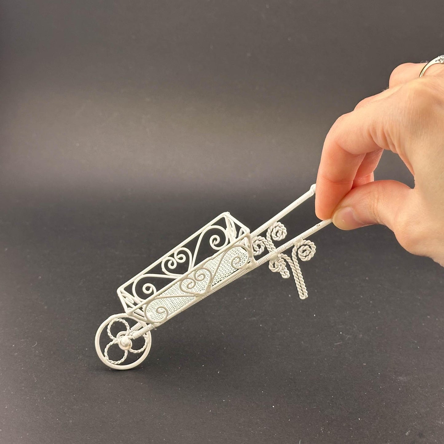 Elegant Miniature Victorian Wheelbarrow – 1:12 Scale White Wire for Dollhouse Gardens