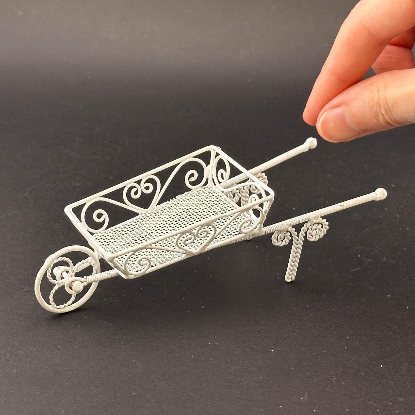 Elegant Miniature Victorian Wheelbarrow – 1:12 Scale White Wire for Dollhouse Gardens