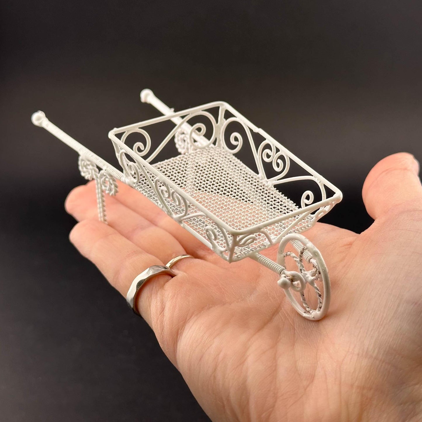 Elegant Miniature Victorian Wheelbarrow – 1:12 Scale White Wire for Dollhouse Gardens