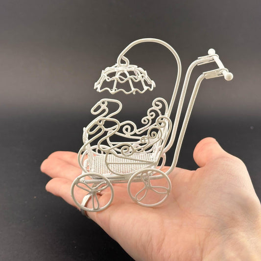 Miniature Victorian Baby Carriage with Parasol – 1:12 Scale White Wire Dollhouse Garden Accent