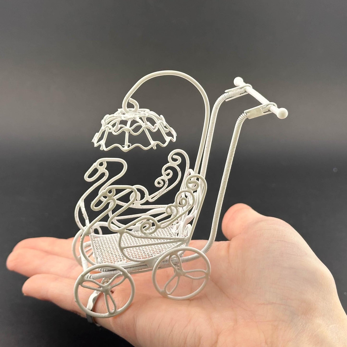 Miniature Victorian Baby Carriage with Parasol – 1:12 Scale White Wire Dollhouse Garden Accent