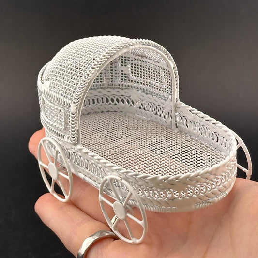 Miniature Victorian Flower Cart – 1:12 Scale White Wire, Elegant Plant Stand for Dollhouse Garden, Flower Shop, or Decorative Display