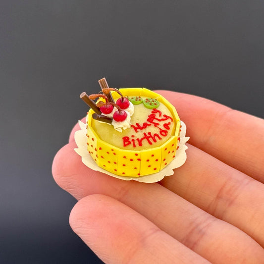 Handmade Happy Birthday Yellow cake in  1:12 scale for dollhouse miniature polymer clay