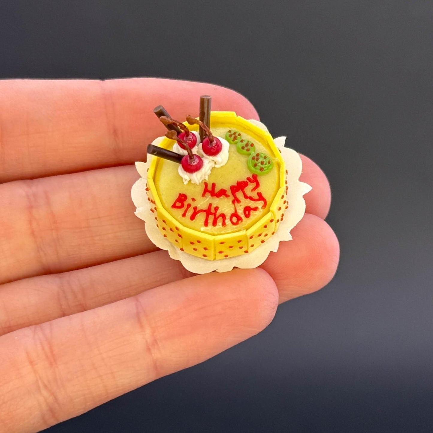 Handmade Happy Birthday Yellow cake in  1:12 scale for dollhouse miniature polymer clay