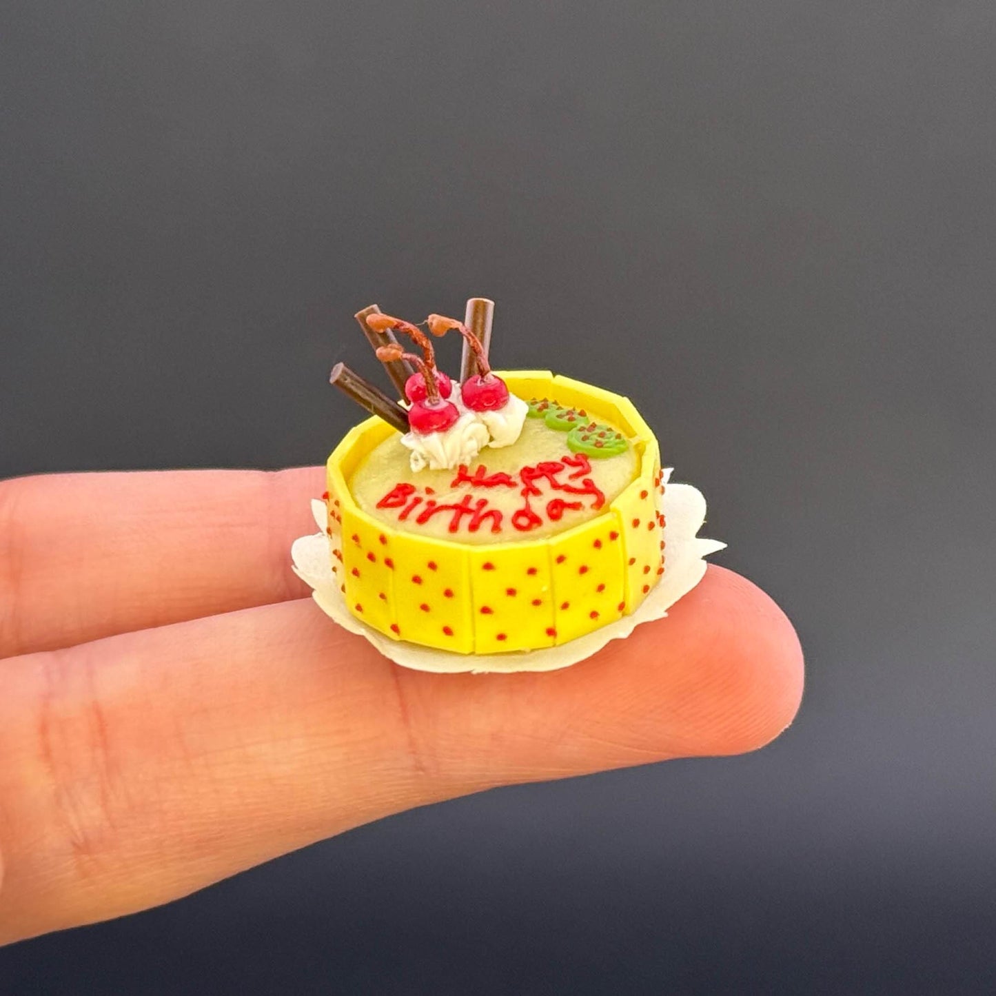 Handmade Happy Birthday Yellow cake in  1:12 scale for dollhouse miniature polymer clay