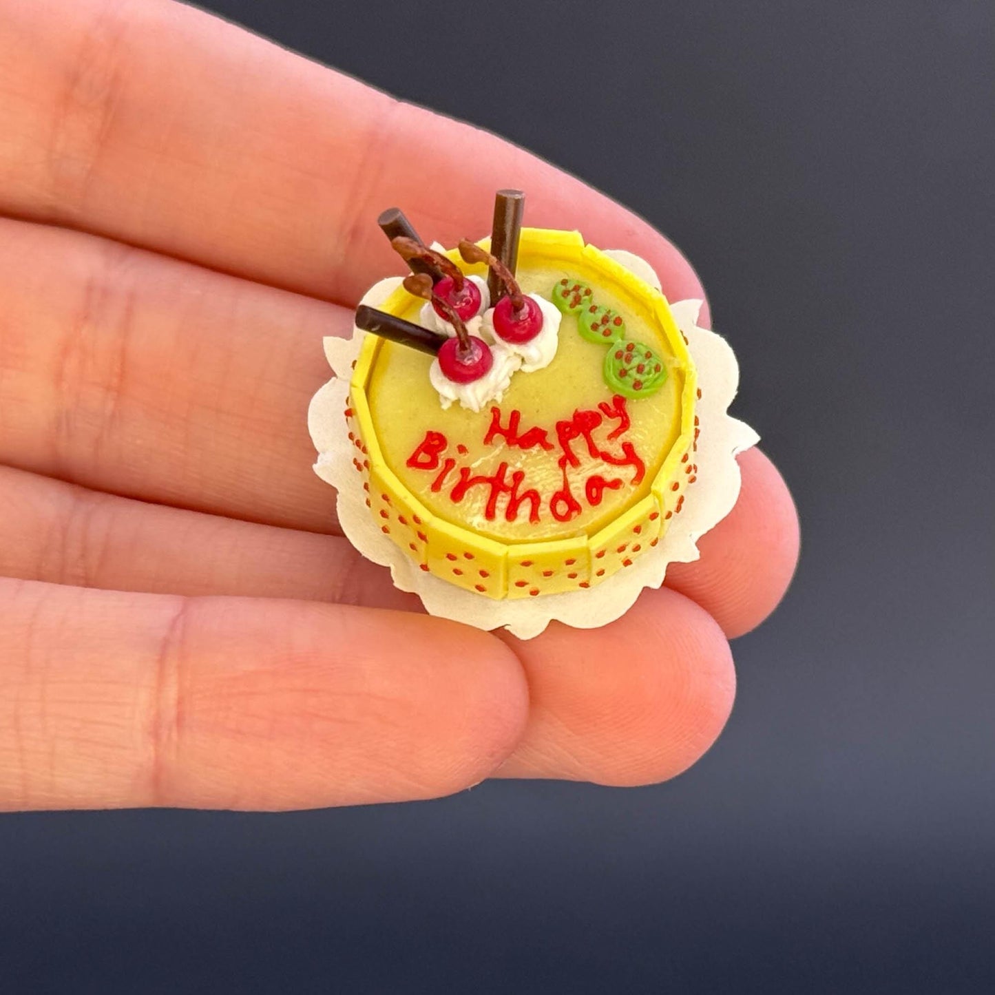 Handmade Happy Birthday Yellow cake in  1:12 scale for dollhouse miniature polymer clay