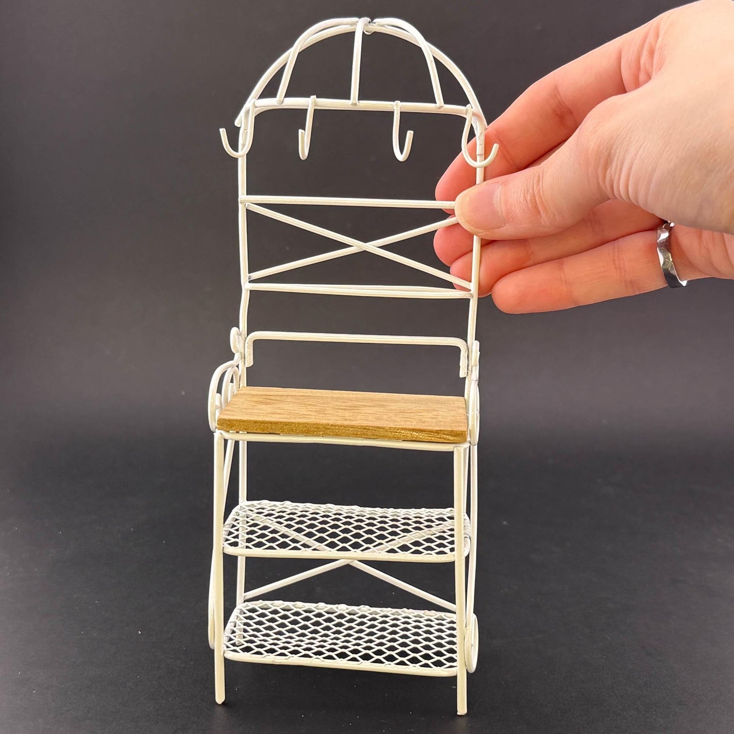 Miniature Victorian Wire Shelf with hanging hooks – 1:12 Scale White Wire for Dollhouse Garden or Kitchen