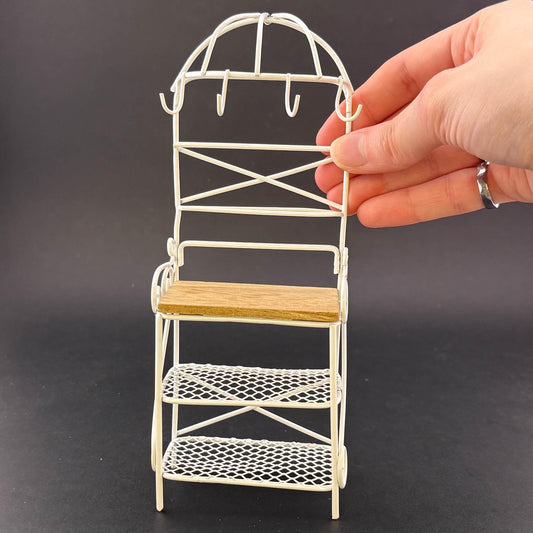 Miniature Victorian Wire Shelf with hanging hooks – 1:12 Scale White Wire for Dollhouse Garden or Kitchen