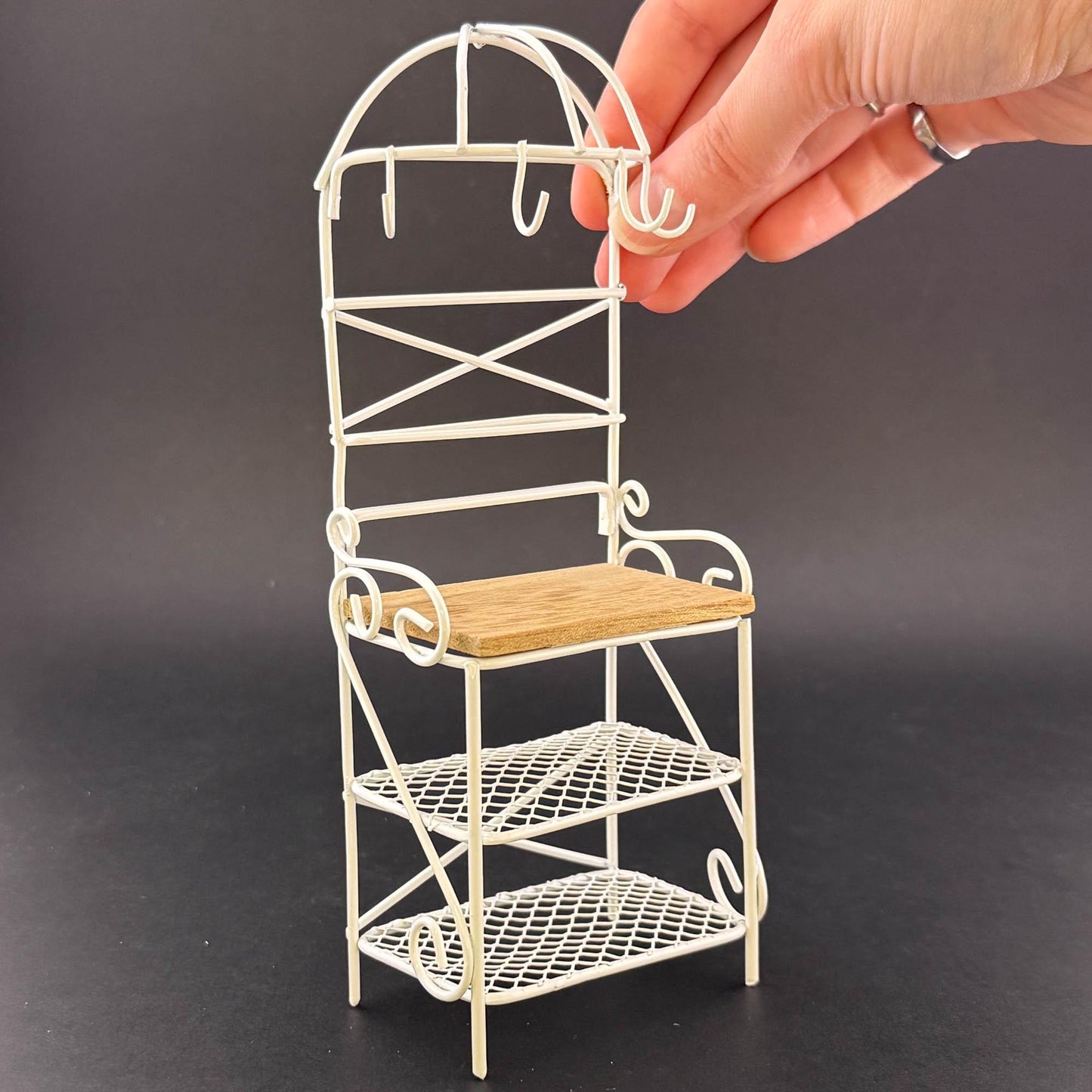 Miniature Victorian Wire Shelf with hanging hooks – 1:12 Scale White Wire for Dollhouse Garden or Kitchen