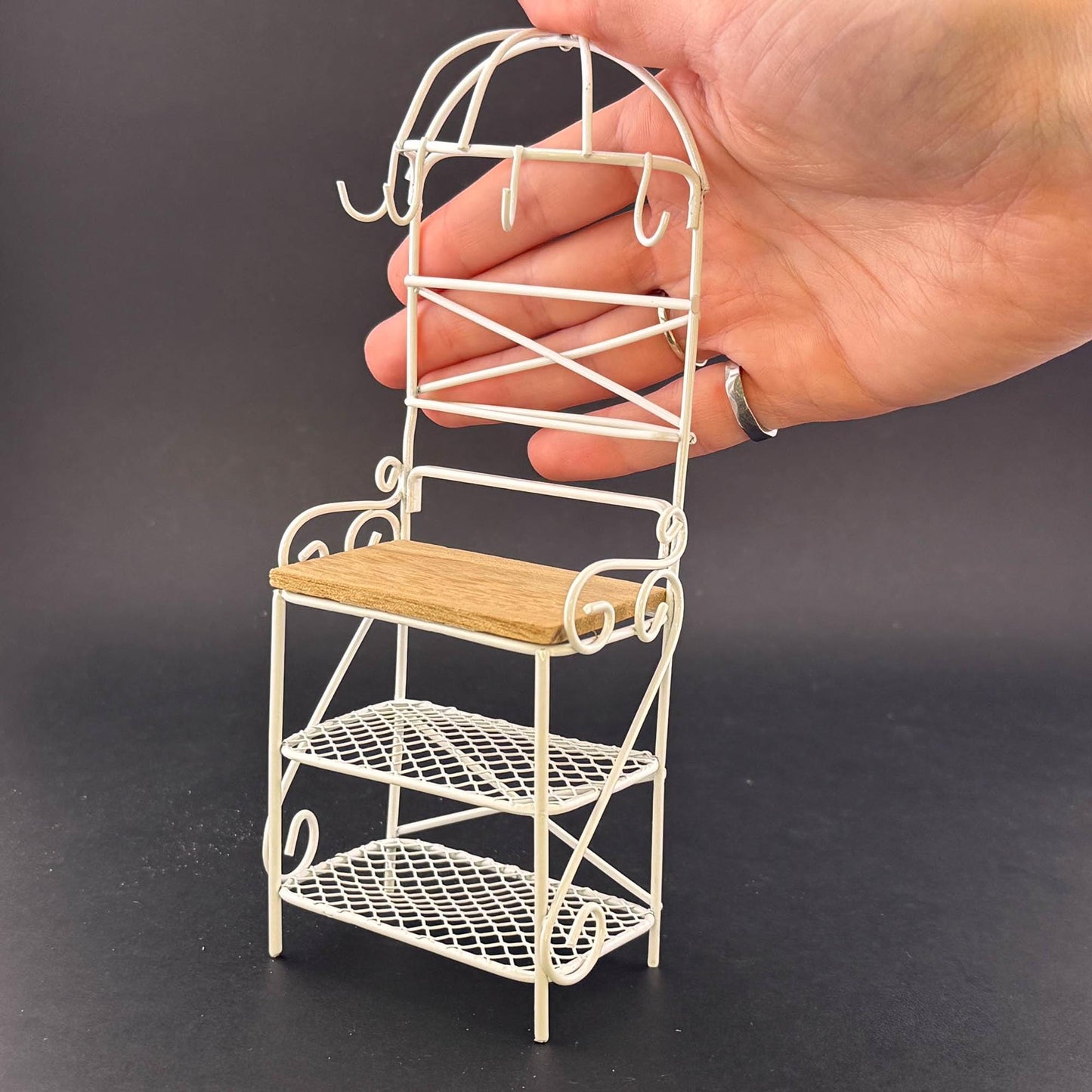 Miniature Victorian Wire Shelf with hanging hooks – 1:12 Scale White Wire for Dollhouse Garden or Kitchen