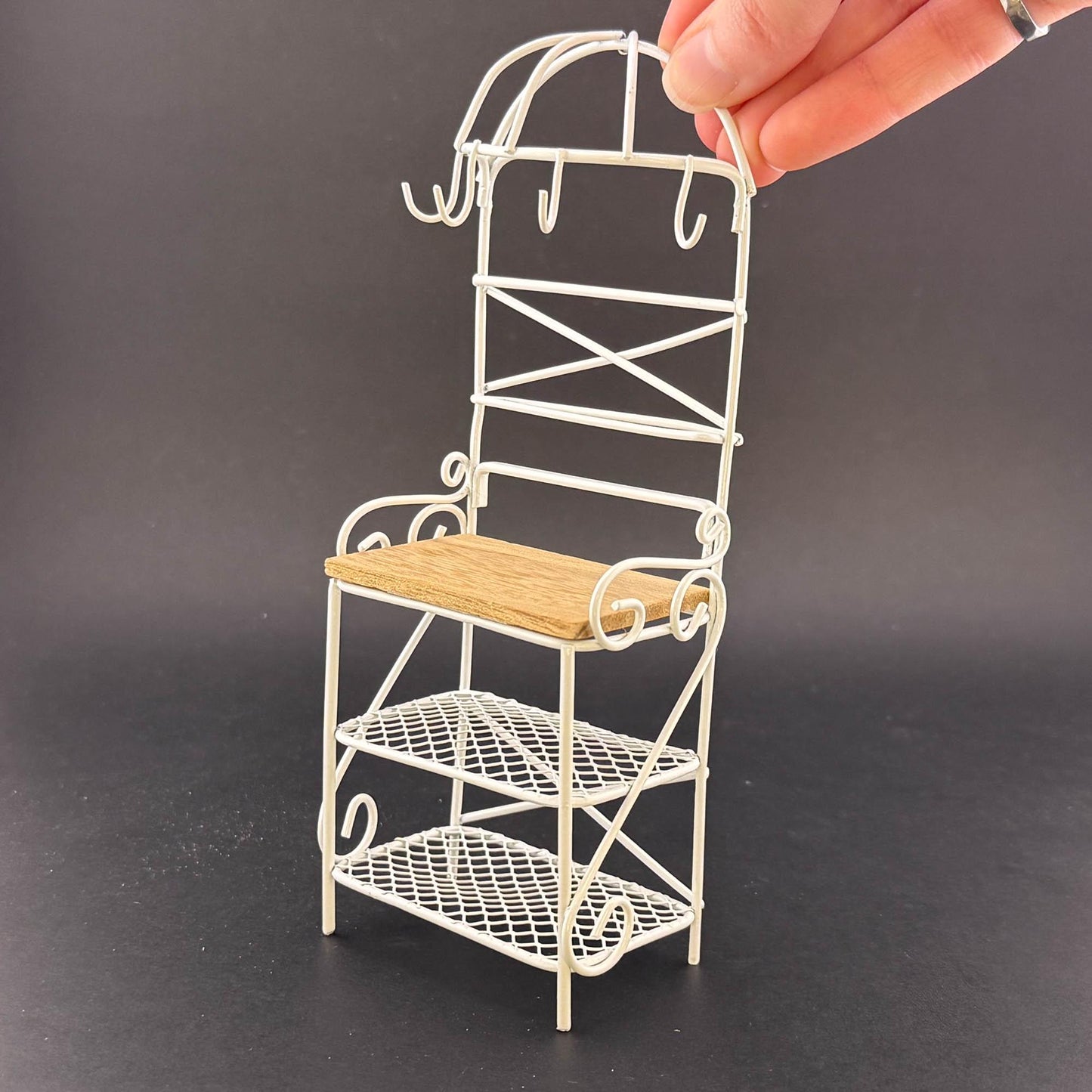 Miniature Victorian Wire Shelf with hanging hooks – 1:12 Scale White Wire for Dollhouse Garden or Kitchen